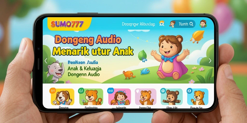 Tampilan antarmuka SUMO777 dengan pilihan dongeng audio menarik.