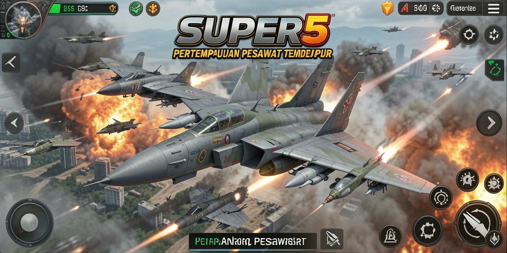Tampilan antarmuka <strong>SUPER5</strong> dalam pertempuran pesawat tempur yang intens.